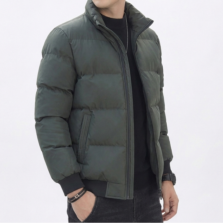 Men's Puffer Jacket – Stand Collar Padded Down Jacket with Badge Detail