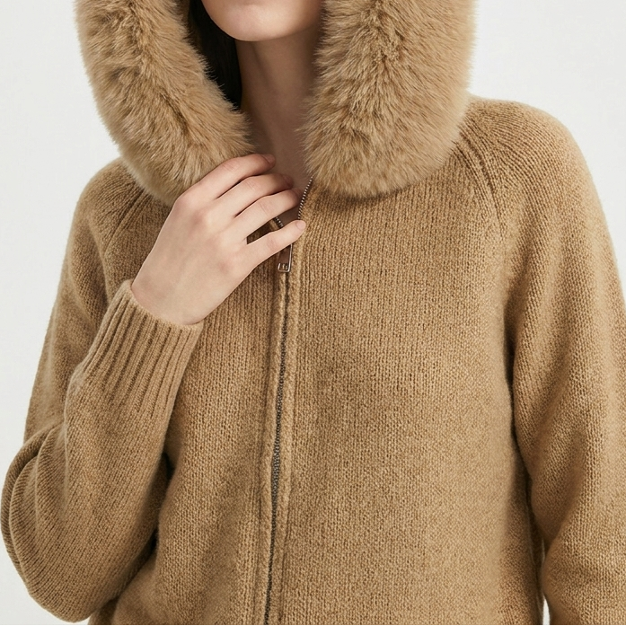 Women's Hooded Zip Knit Faux Fur Trim Loose Cardigan