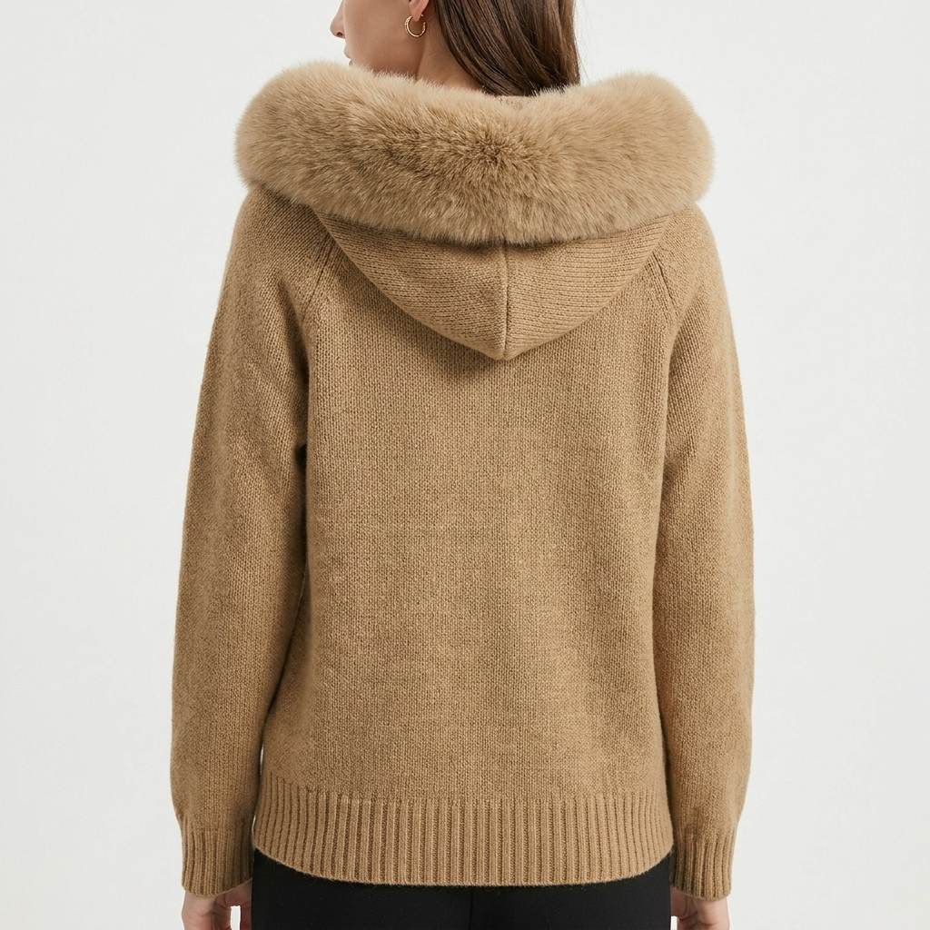 Women's Hooded Zip Knit Faux Fur Trim Loose Cardigan
