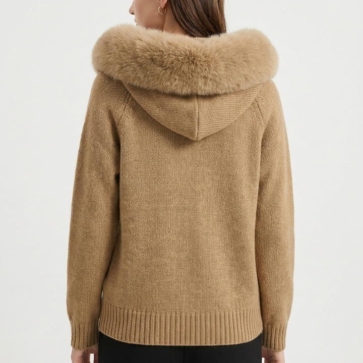Women's Hooded Zip Knit Faux Fur Trim Loose Cardigan
