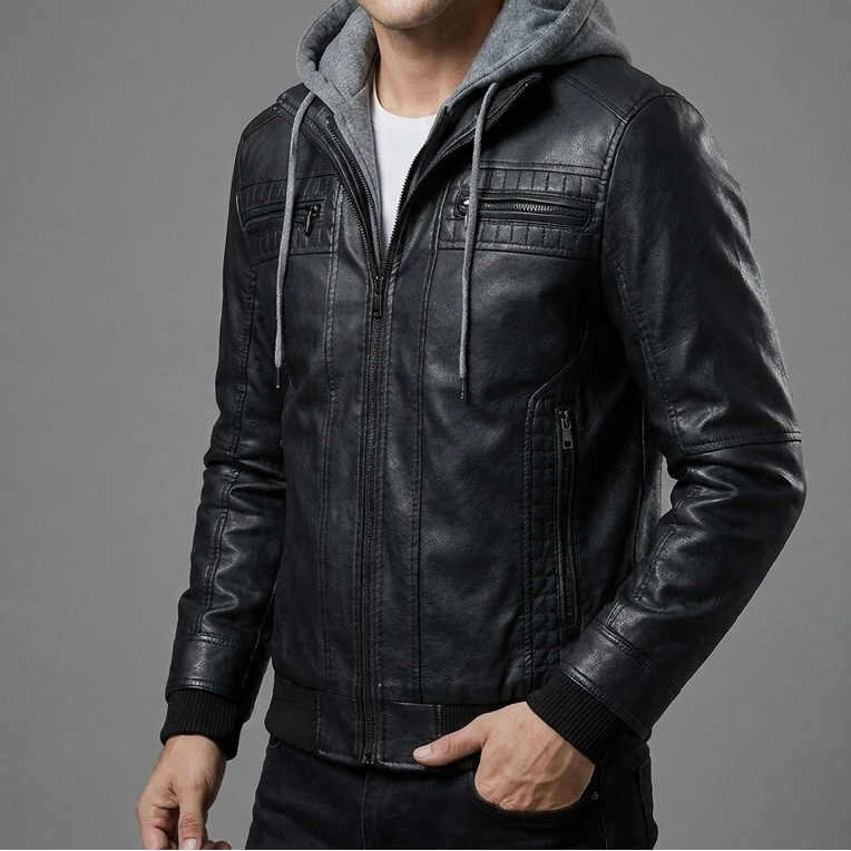 Men's Hooded Leather Zip Up Biker Jacket