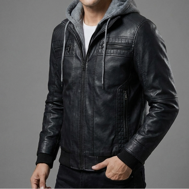 Men's Hooded Leather Zip Up Biker Jacket