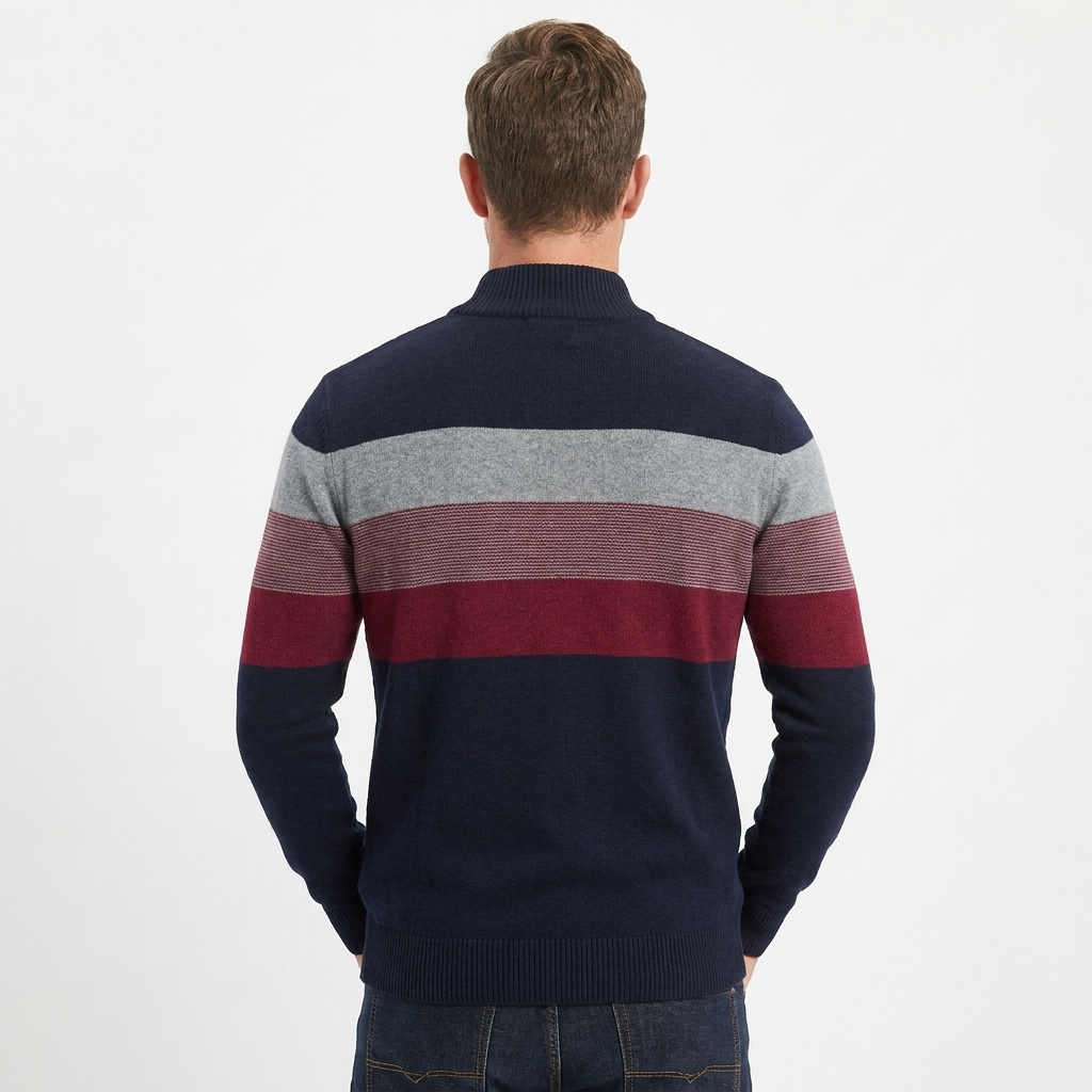 Men's Quarter Zip Striped Knit Collar Pullover Sweater