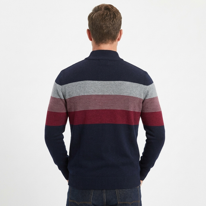 Men's Quarter Zip Striped Knit Collar Pullover Sweater