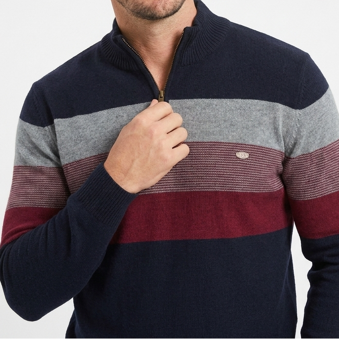 Men's Quarter Zip Striped Knit Collar Pullover Sweater