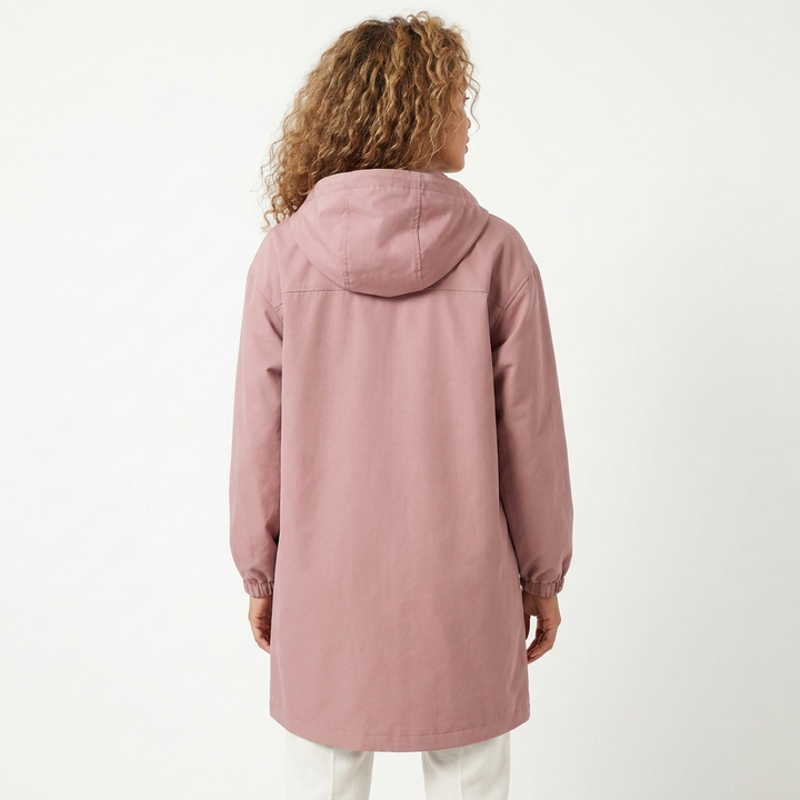 Women's Hooded Mid-Length Button Up Trench Coat – Casual Waterproof Windbreaker