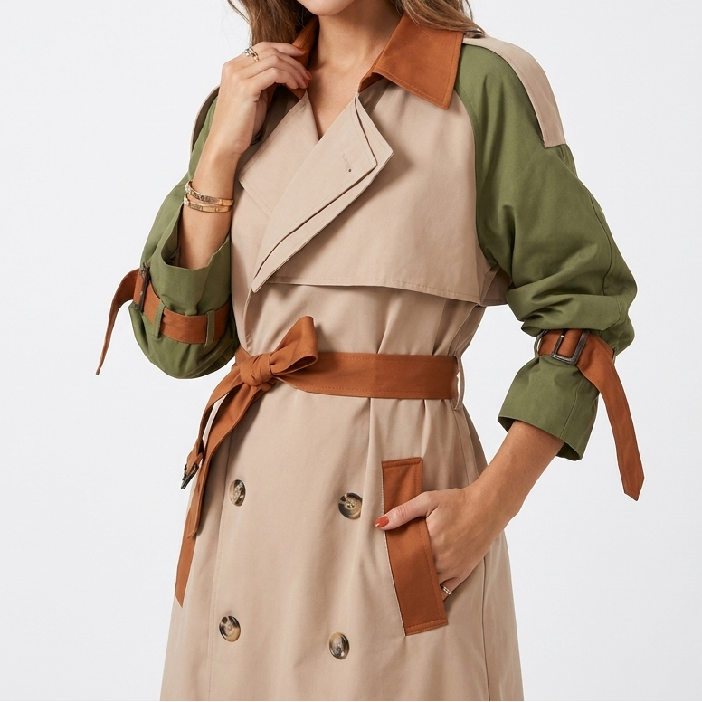 Women's Double Breasted Colour Block Belted Mid-Length Trench Coat