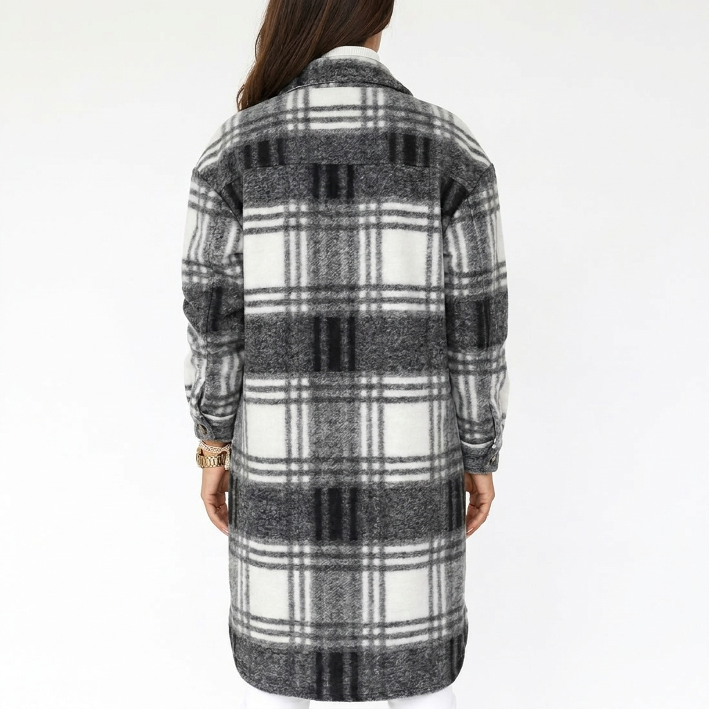 Women's Plaid Print Trench Coat – Oversized Checked Jacket Casual Outerwear