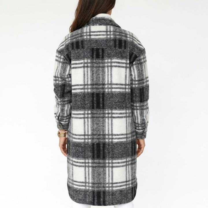 Women's Plaid Print Trench Coat – Oversized Checked Jacket Casual Outerwear