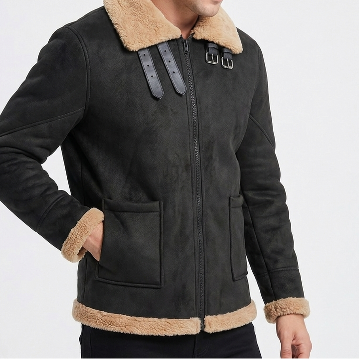 Men's Shearling Jacket Faux Fur Collar Zip-Up Winter Coat