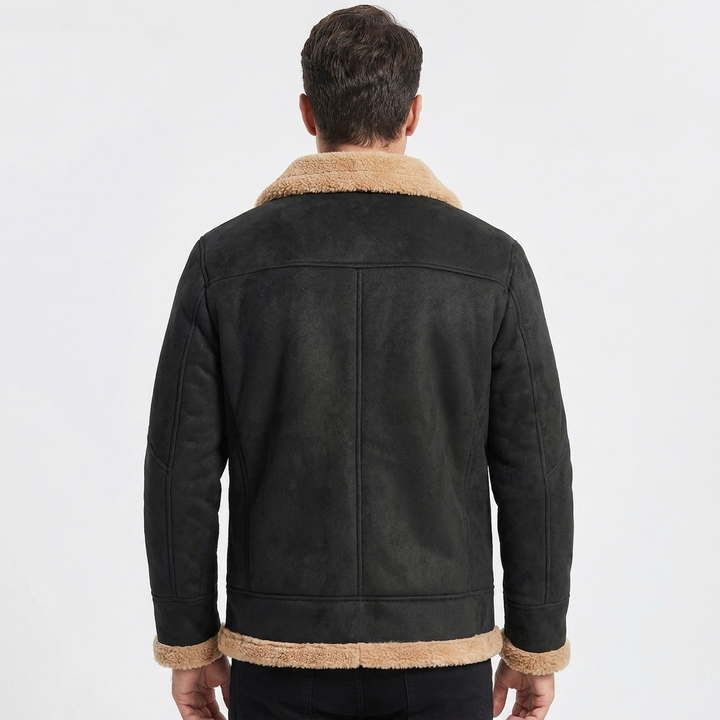 Men's Shearling Jacket Faux Fur Collar Zip-Up Winter Coat