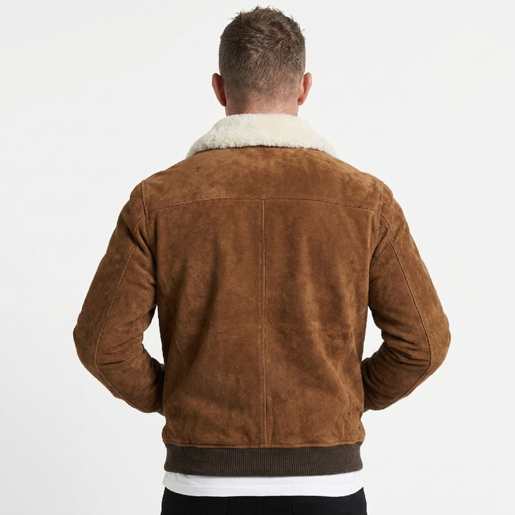 Men's Suede Shearling Jacket Faux Fur Collar Winter Coat