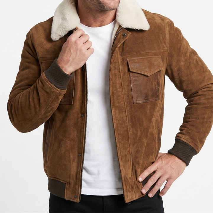 Men's Suede Shearling Jacket Faux Fur Collar Winter Coat