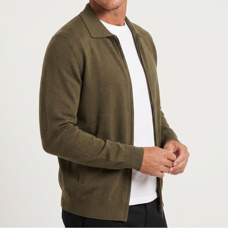 Men's Polo Collar Wool Zip-Up Cardigan