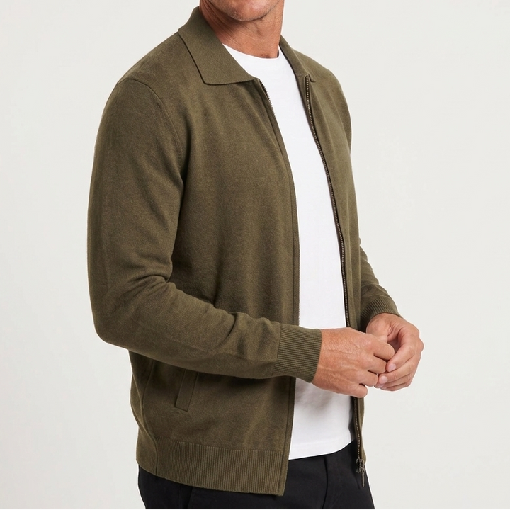 Men's Polo Collar Wool Zip-Up Cardigan