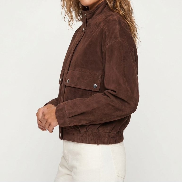 Women's Faux Suede Button Bomber Jacket