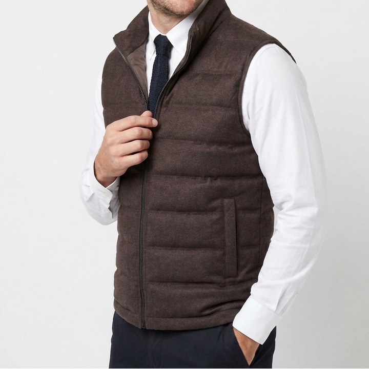 Mens Quilted Vest – Wool-Look Stand Collar Zip Up