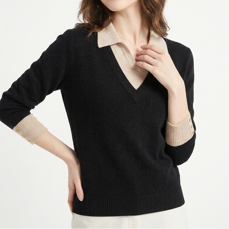 Womens Jumper – V Neck Faux Layered Shirt Collar