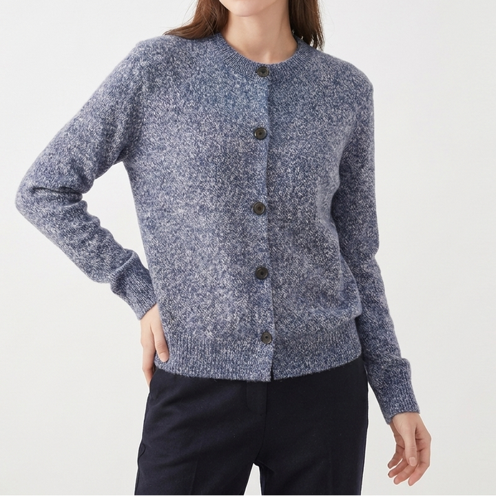 Women's Cardigan – Marl Knit Button-Through Crew Neck
