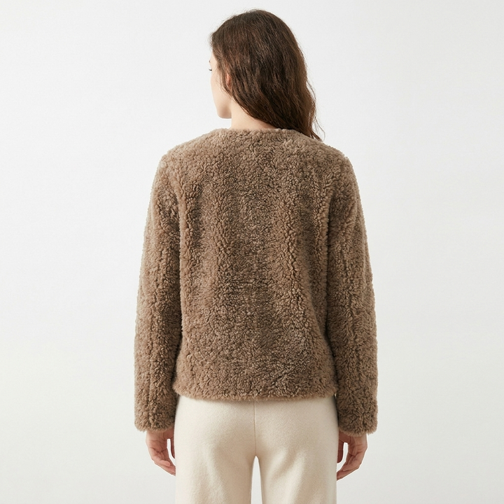 Women's Sherpa Jacket – Cropped Collarless Teddy Patch Pocket
