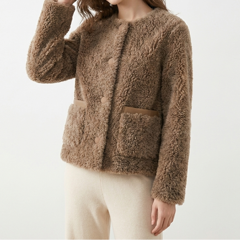 Women's Sherpa Jacket – Cropped Collarless Teddy Patch Pocket