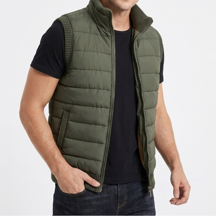 Men's Puffer Vest – Quilted Zip-Up Knit Trim Stand Collar