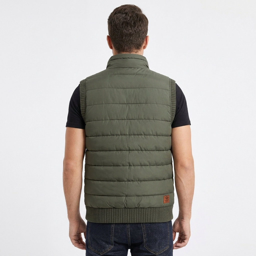 Men's Puffer Vest – Quilted Zip-Up Knit Trim Stand Collar