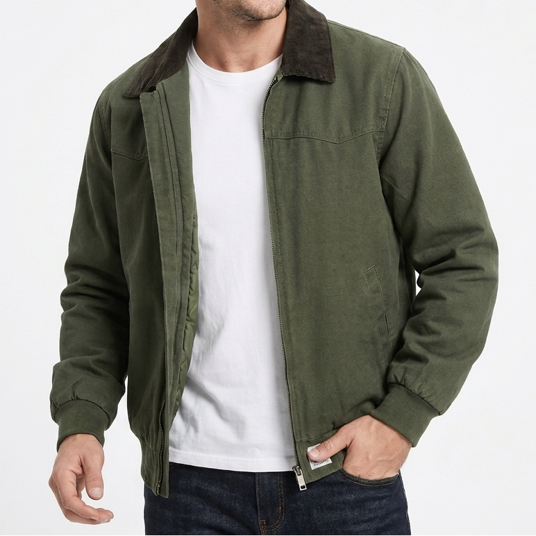 Men's Casual Jacket – Canvas Zip-Up Corduroy Collar Workwear