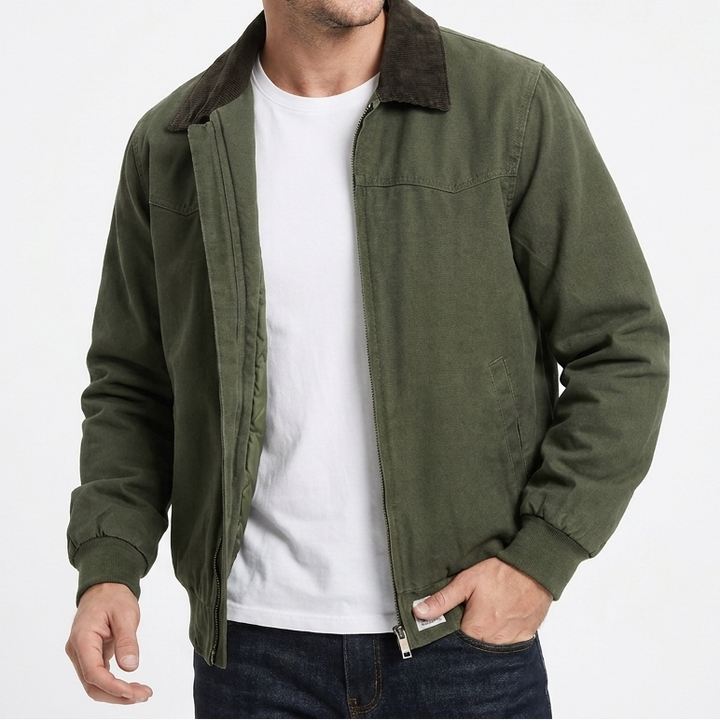 Men's Casual Jacket – Canvas Zip-Up Corduroy Collar Workwear