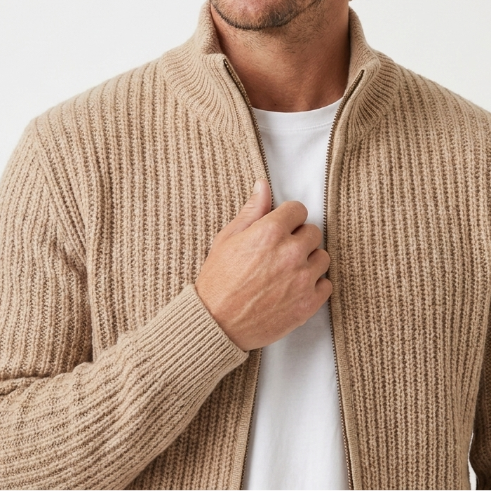Men's Chunky Cardigan – Ribbed Zip-Up Funnel Neck Knit Jacket