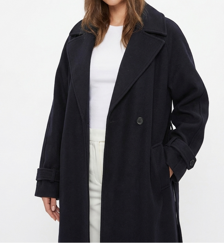 Women's Wool Long Coat – Oversized Maxi Notch Lapel Belted