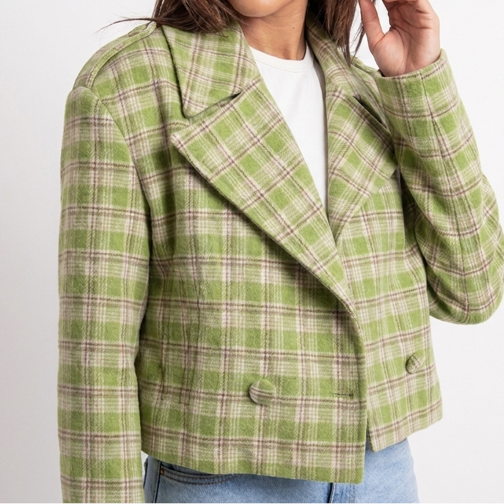 Women's Wool Cropped Jacket – Oversized Check Notch Lapel Boxy