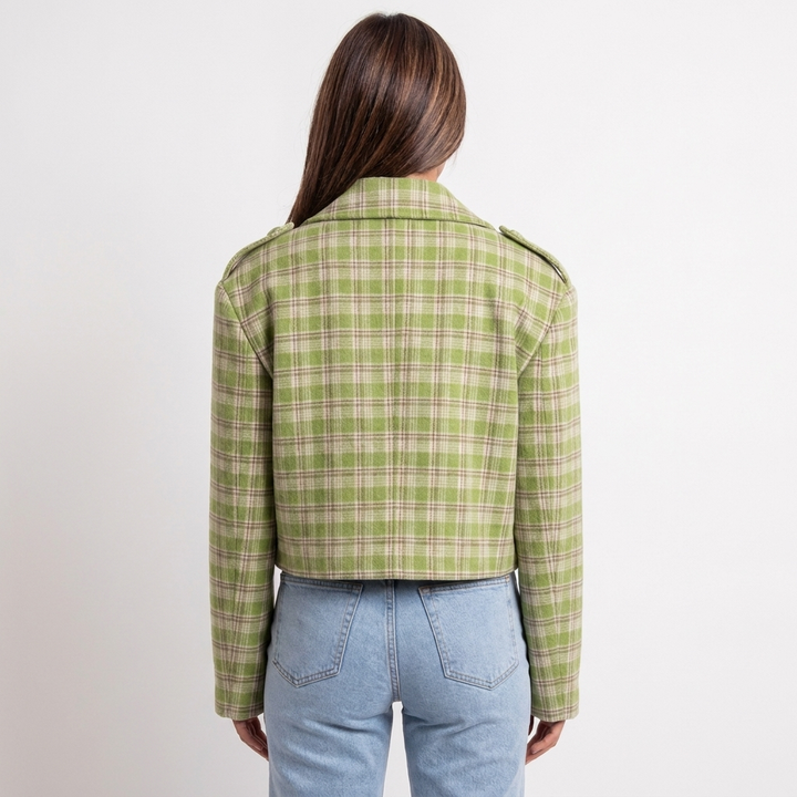 Women's Wool Cropped Jacket – Oversized Check Notch Lapel Boxy