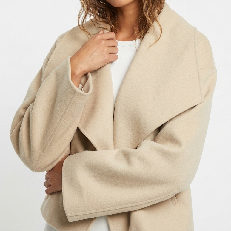 Women's Cropped Coat – Waterfall Lapel Wool-Look Boxy Open Front