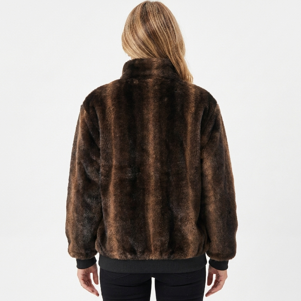 Women's Fur Bomber Jacket – Faux Mink Zip-Up Stand Collar Ribbed Hem