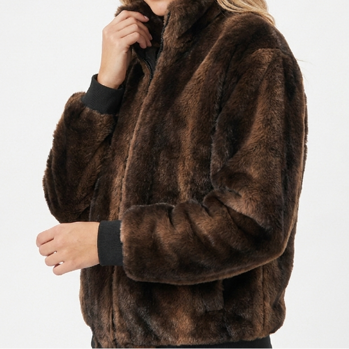 Women's Fur Bomber Jacket – Faux Mink Zip-Up Stand Collar Ribbed Hem