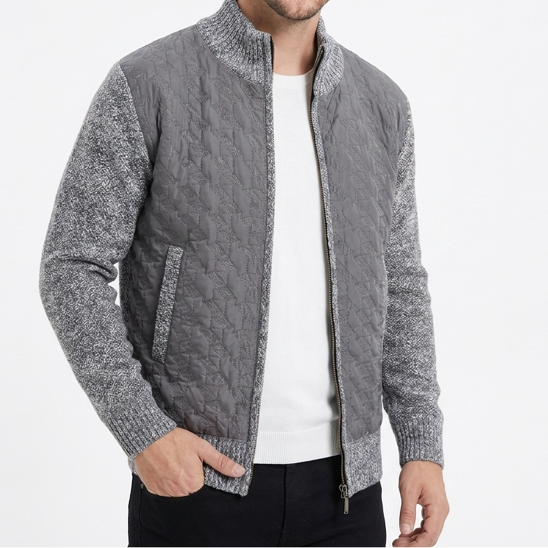 Men's Winter Jacket – Quilted Body Contrast Knit Sleeve Zip-Up