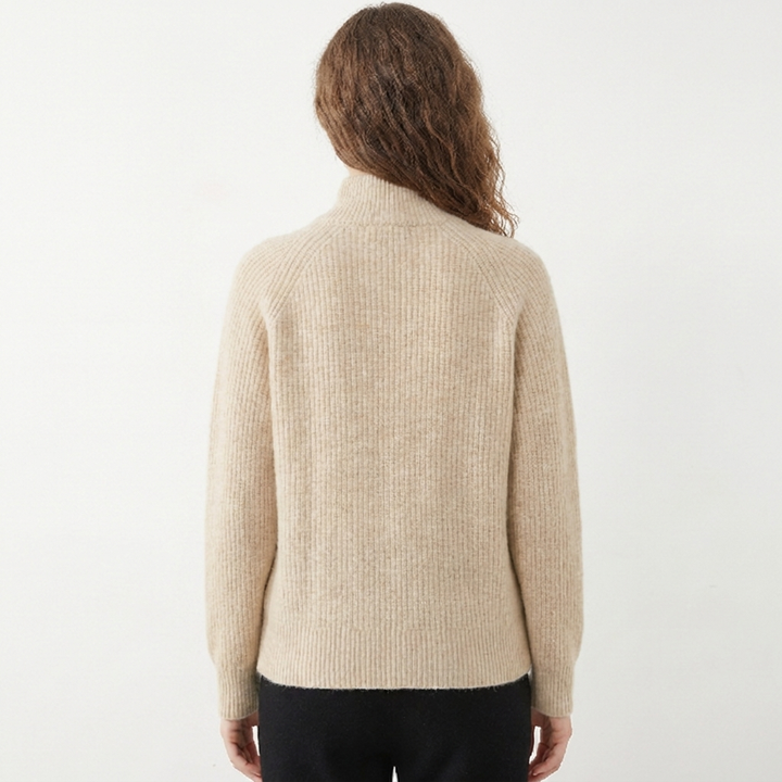 Women's Fluffy Cardigan – Ribbed Zip-Up Funnel Neck Knit Fitted