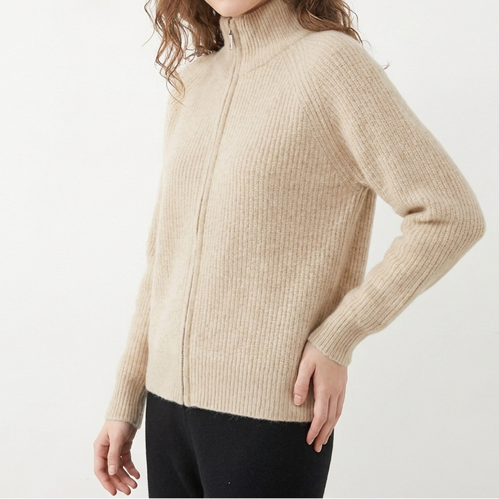 Women's Fluffy Cardigan – Ribbed Zip-Up Funnel Neck Knit Fitted