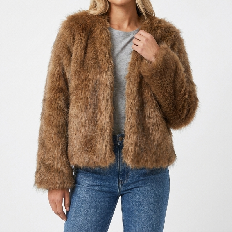 Women's Faux Fur Jacket – Open Front Collarless Shaggy Pile