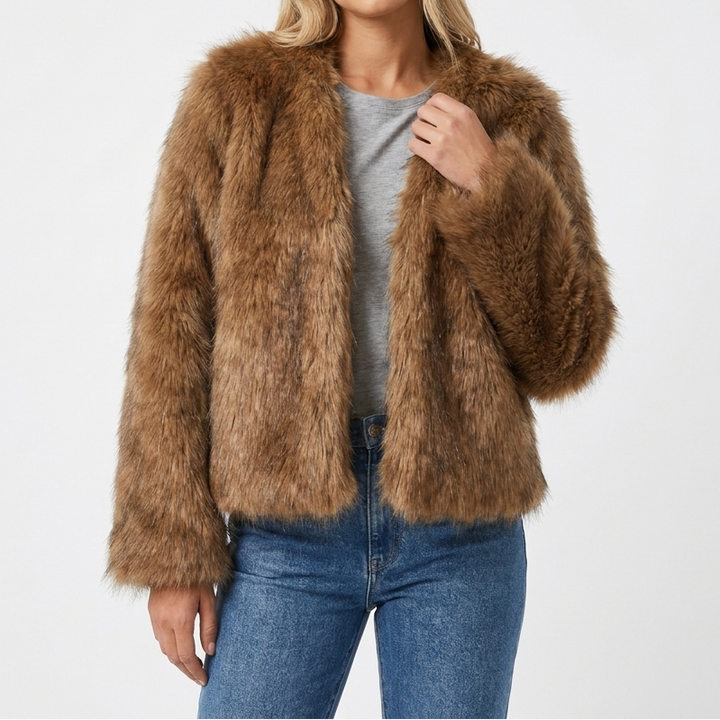 Women's Faux Fur Jacket – Open Front Collarless Shaggy Pile