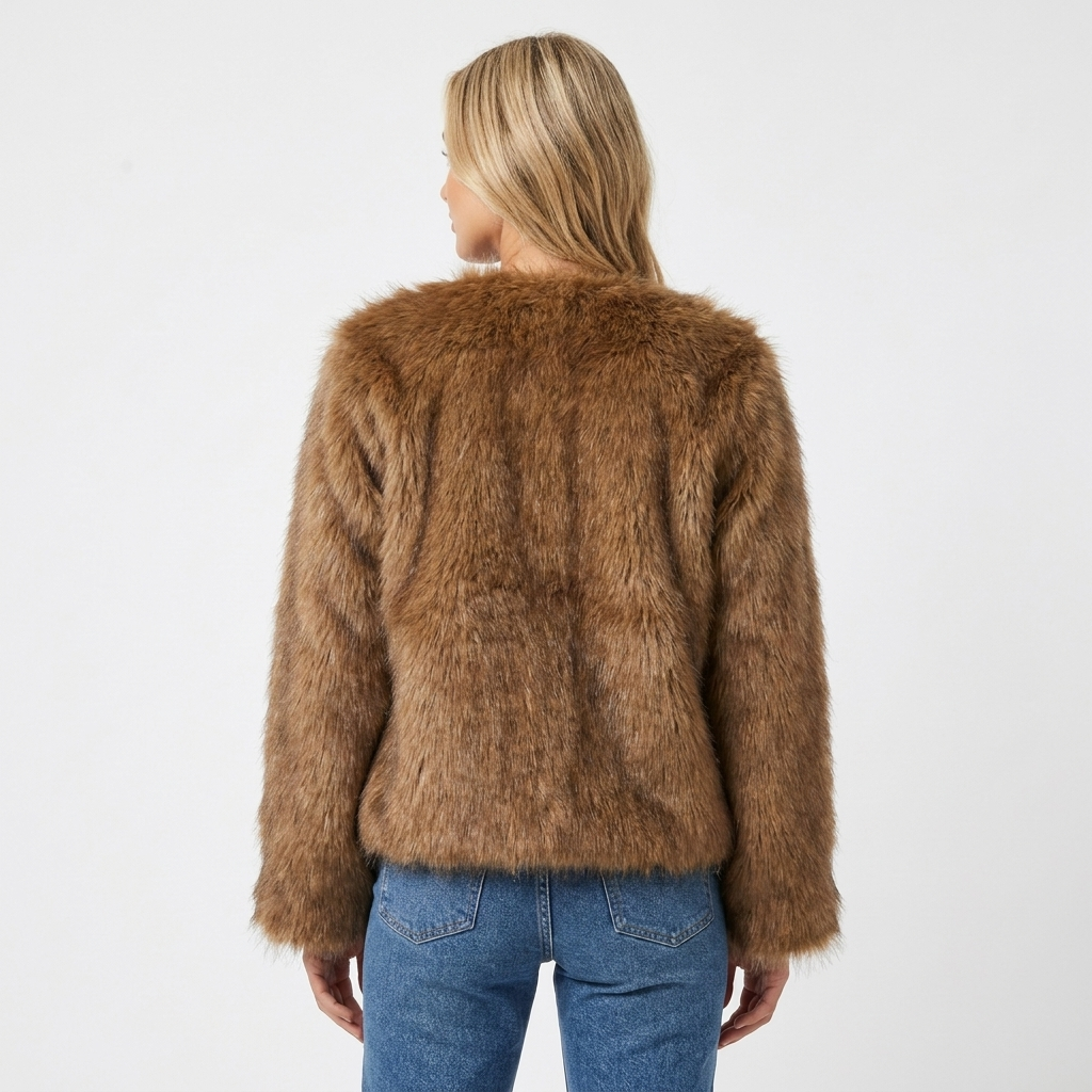 Women's Faux Fur Jacket – Open Front Collarless Shaggy Pile