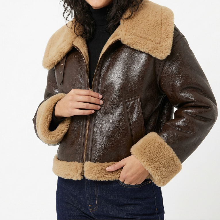 Women's Bomber Jacket – Leather-Look Shearling Trim Contrast Collar