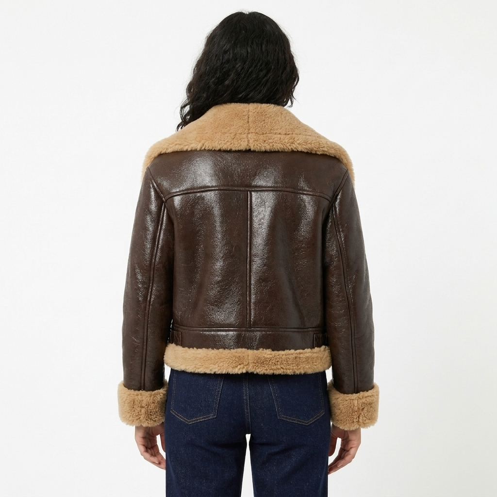 Women's Bomber Jacket – Leather-Look Shearling Trim Contrast Collar