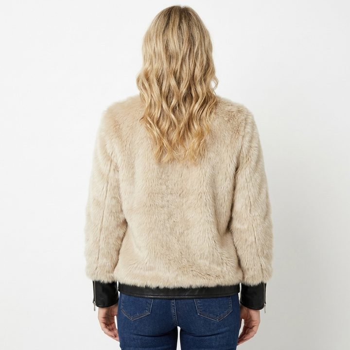 Women's Faux Fur Bomber Jacket – Leather-Look Contrast Trim Cropped