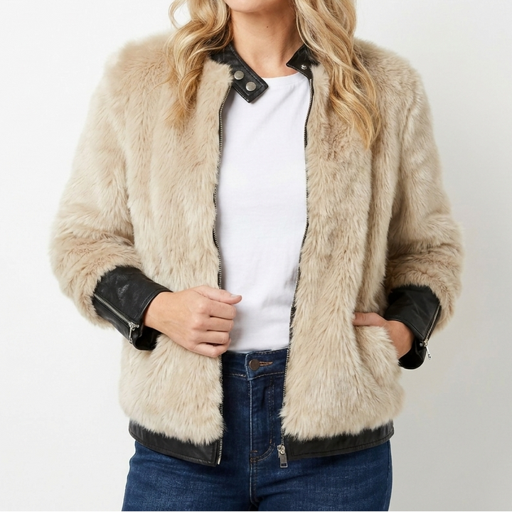 Women's Faux Fur Bomber Jacket – Leather-Look Contrast Trim Cropped
