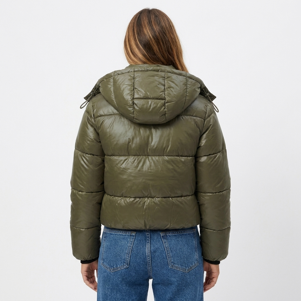 Women's Puffer Jacket – Cropped Hooded Glossy Shell Box Quilt
