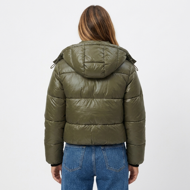 Women's Puffer Jacket – Cropped Hooded Glossy Shell Box Quilt