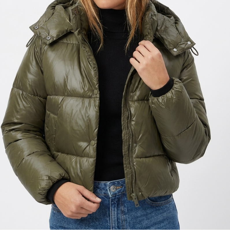 Women's Puffer Jacket – Cropped Hooded Glossy Shell Box Quilt