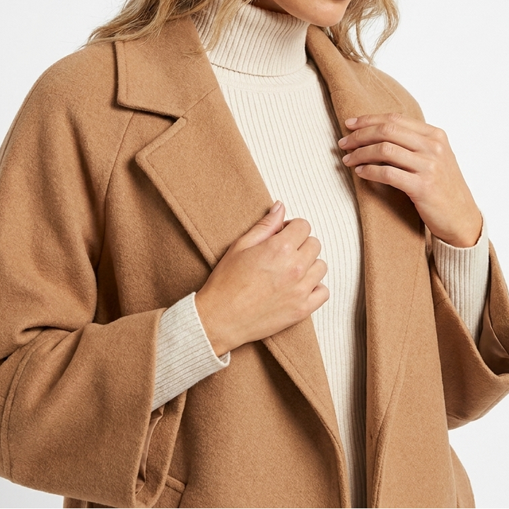 Women's Wool-Look Jacket – Oversized Belted D-Ring Wide Sleeve Crop